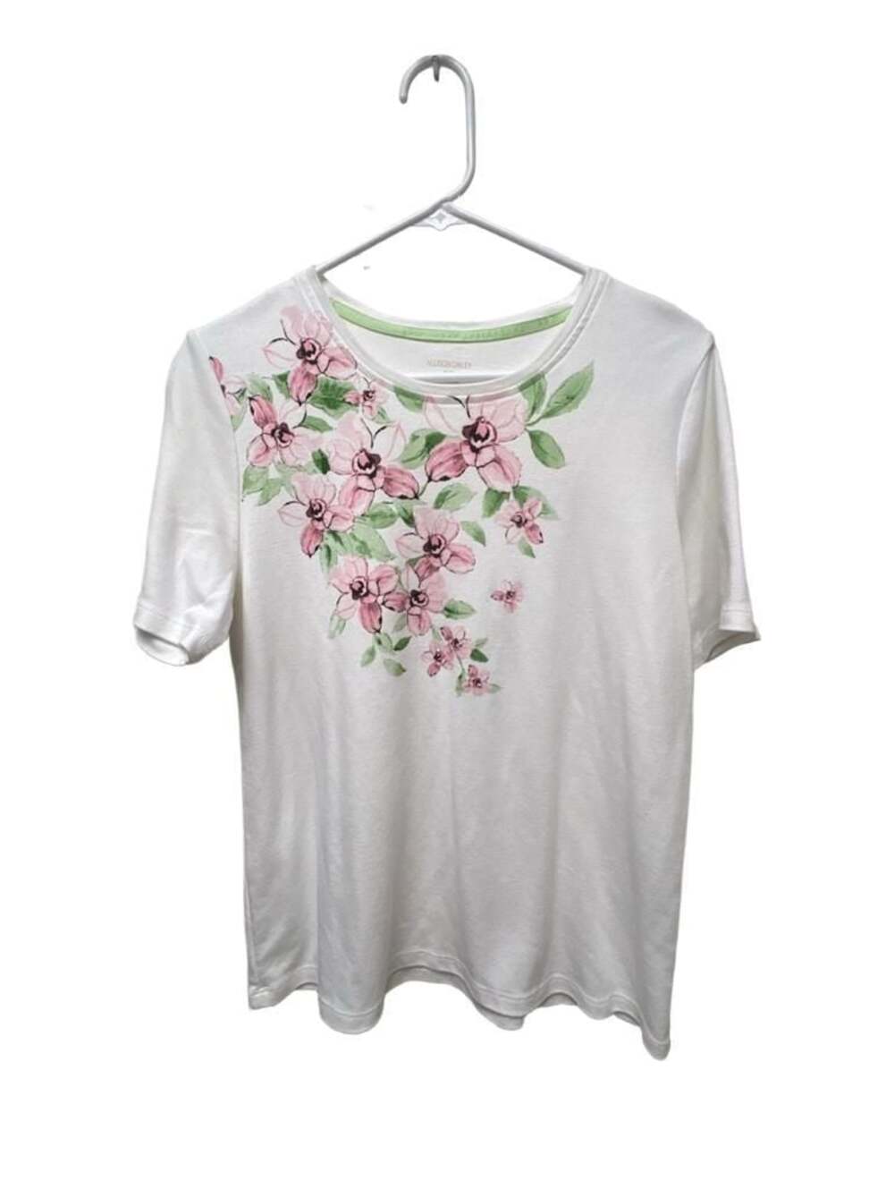 Allison Daley White T-Shirt w/Pink Floral Watercolor Print Short Sleeve Size M